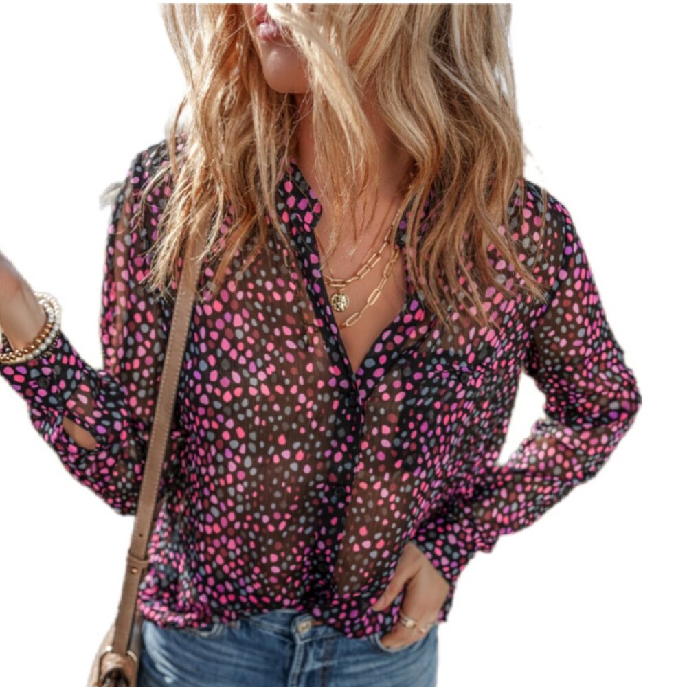 🍇 Grape Wine Polka Dot Button-Down Blouse – Size M